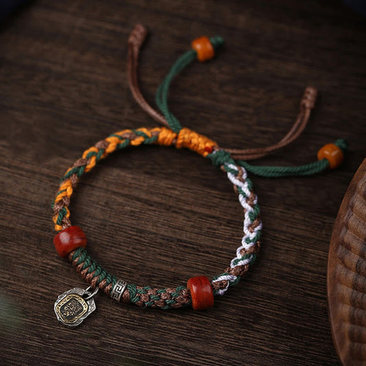 Ancient Tibetan Buddhist Red String Tradition Handmade Tibetan Silver 925 Sterling Silver Zakiram Goddess of Wealth Camel Bone Protection Braided Bracelet