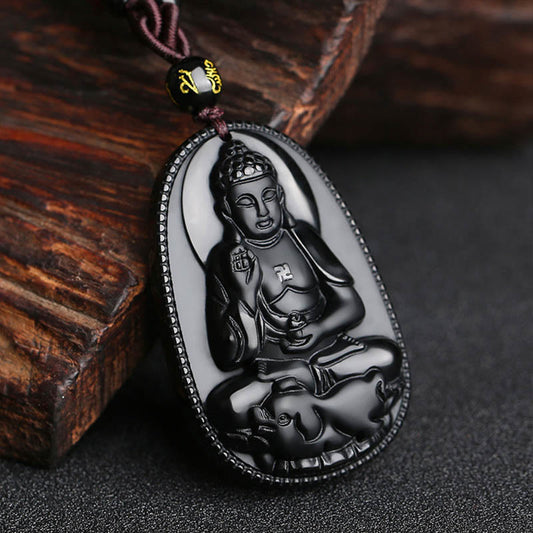 Buddha Energy Necklace Chinese Zodiac Natal Buddha Natural Black Obsidian Purification Necklace Pendant