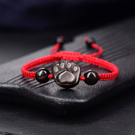 Ancient Tibetan Buddhist Red String Tradition Natural Silver Sheen Obsidian Gold Sheen Obsidian Cat Claw Soothing Braided Bracelet