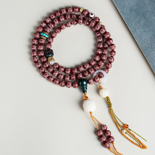 Spirituality Buddha Karma Red Bodhi Seed Om Mani Padme Hum Lotus Engraved Harmony Bracelet