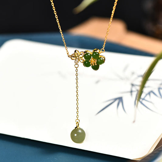Jade 925 Sterling Silver Hetian Cyan Jade Plum Flower Blossom Design Luck Necklace Pendant