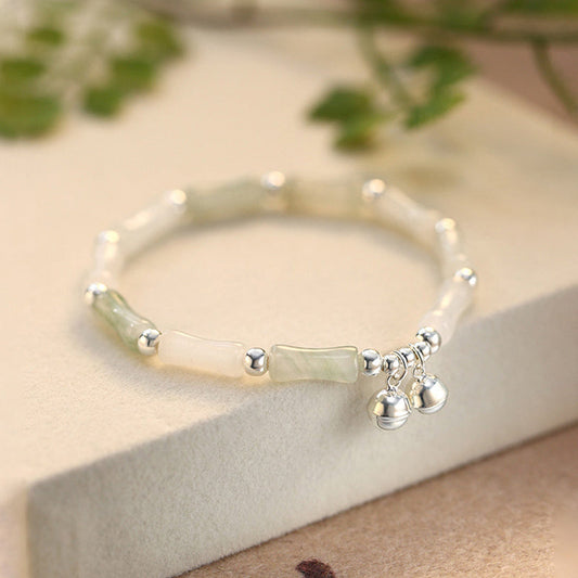 Jade 925 Sterling Silver Natural White Jade Bamboo Bell Charm Luck Happiness Bracelet
