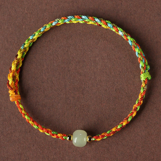 Ancient Tibetan Buddhist Red String Tradition Colorful Rope Luck Jade Bead Abundance Bracelet
