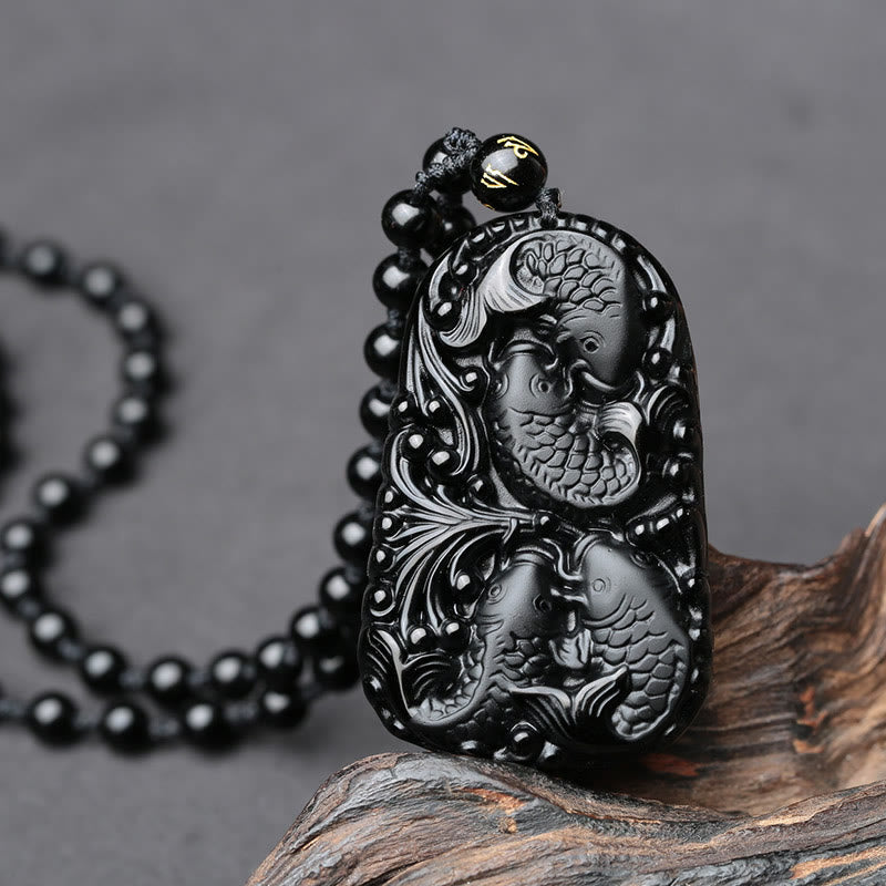 Spirituality Buddha Karma Black Obsidian Koi Fish Engraved Strength Beaded Necklace Pendant