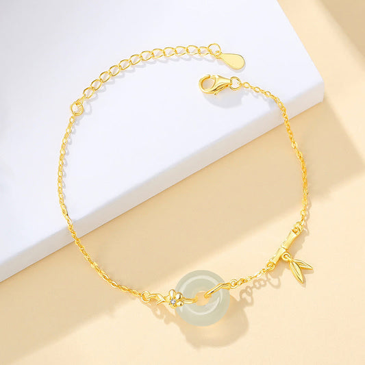 Jade 925 Sterling Silver Hetian Jade Chalcedony Peace Buckle Bamboo Leaf Prosperity Chain Bracelet