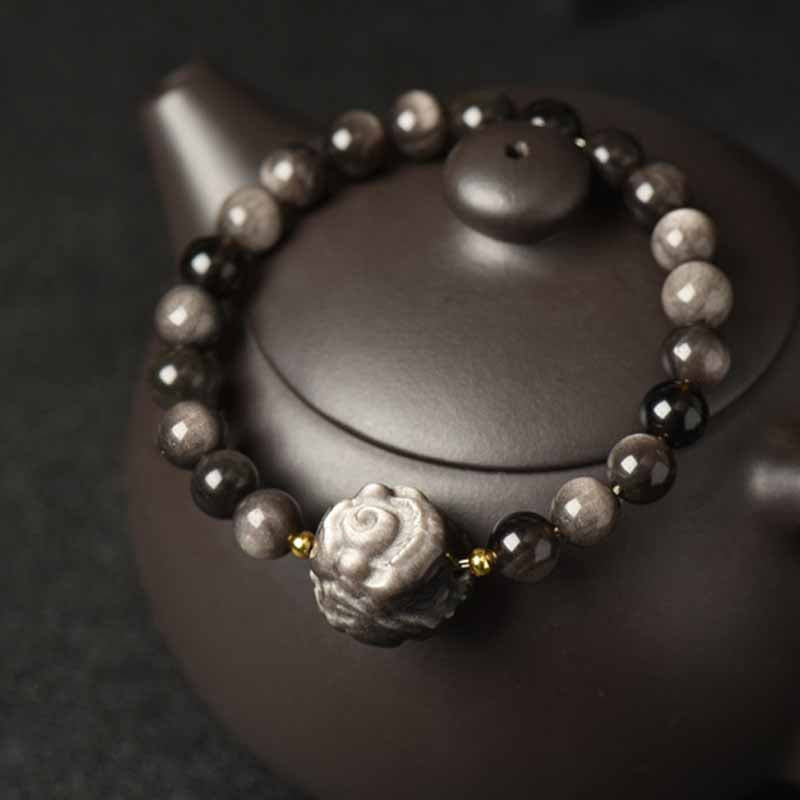 Spirituality Buddha Karma Silver Sheen Obsidian Lotus Flower Nine Tailed Fox Laughing Buddha Protection Bracelet
