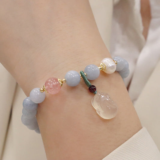Ancient Tibetan Buddhist Red String Tradition  Natural Aquamarine Chalcedony Serenity Rabbit Gourd Cat Charm Bracelet