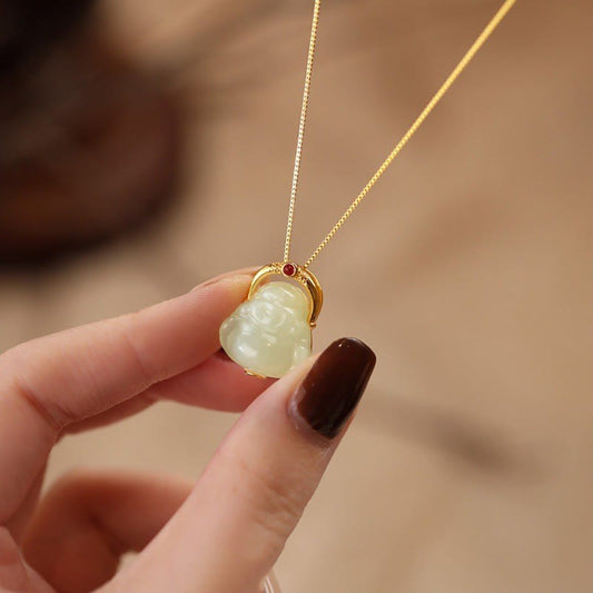 Jade 925 Sterling Silver Natural Hetian Jade Laughing Buddha Abundance Chain Necklace Pendant