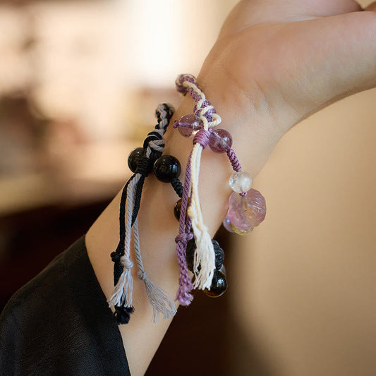 Ancient Tibetan Buddhist Red String Tradition Natural Fluorite Amethyst Silver Sheen Obsidian Tiger's Eye Protection Rope Bracelet