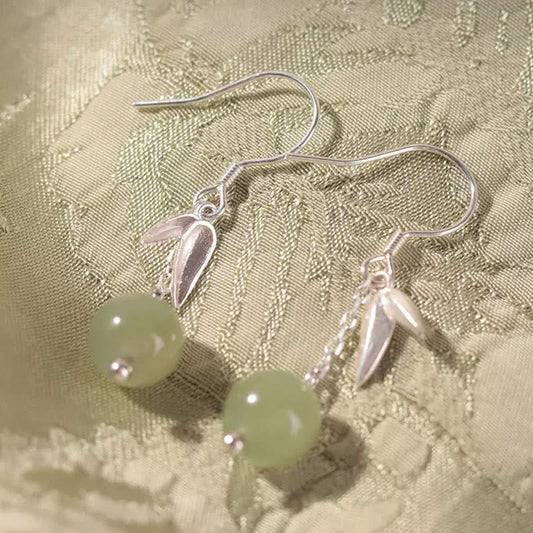 Jade  999 Sterling Silver Hetian Jade Bead Bamboo Leaf Luck Drop Dangle Earrings