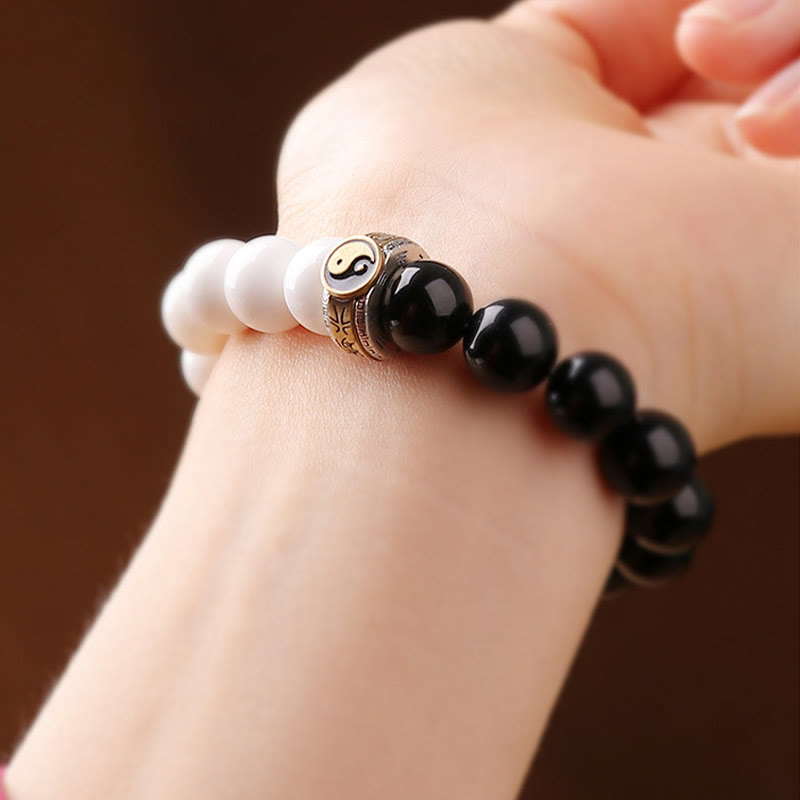 Spirituality Buddha Karma 925 Sterling Silver Black Obsidian White Shell Yin Yang Strength Bracelet