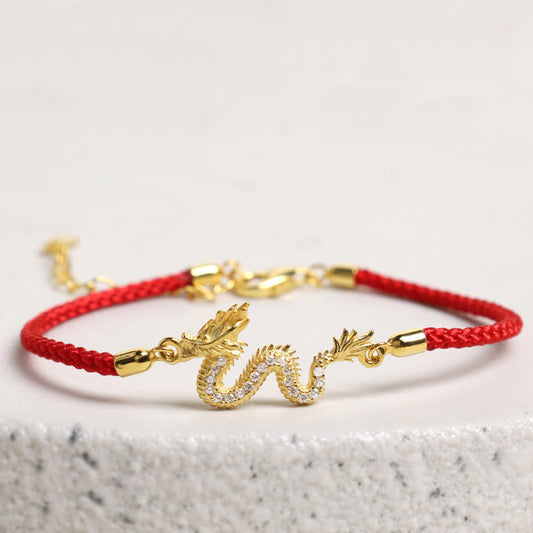 Ancient Tibetan Buddhist Red String Tradition 925 Sterling Silver Year Of The Dragon Auspicious Golden Dragon Luck Red Rope Chain Bracelet