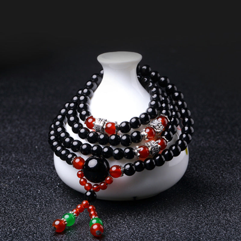 Spirituality Buddha Karma 108 Beads Natural Black Obsidian Tiger Eye Mala Bracelet