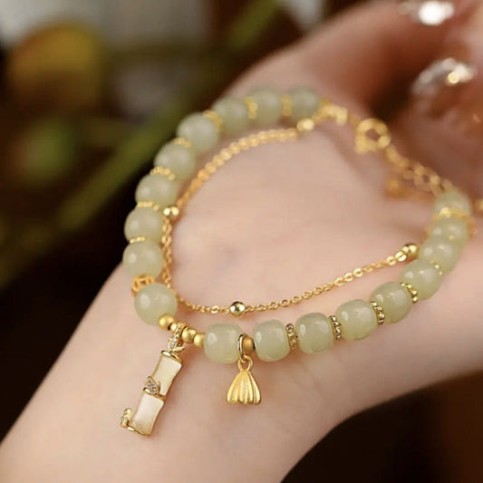 Jade Natural Hetian Jade Prosperity Lotus Bamboo Charm Bracelet