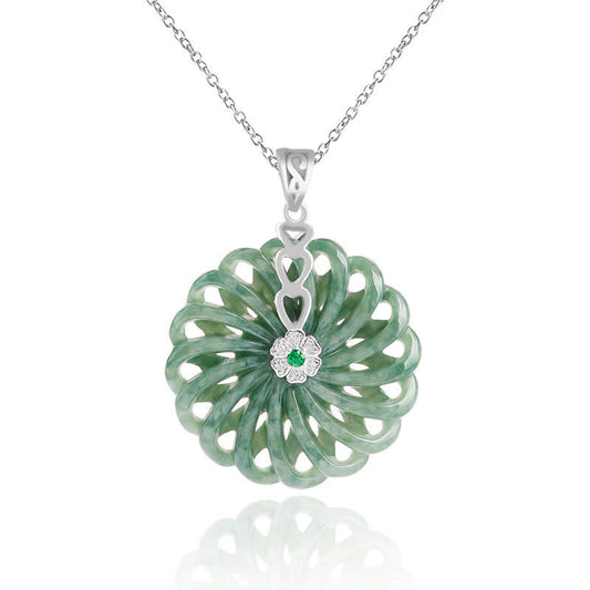 Jade 925 Sterling Silver Natural Round Jade Peace Buckle Abundance Necklace Pendant