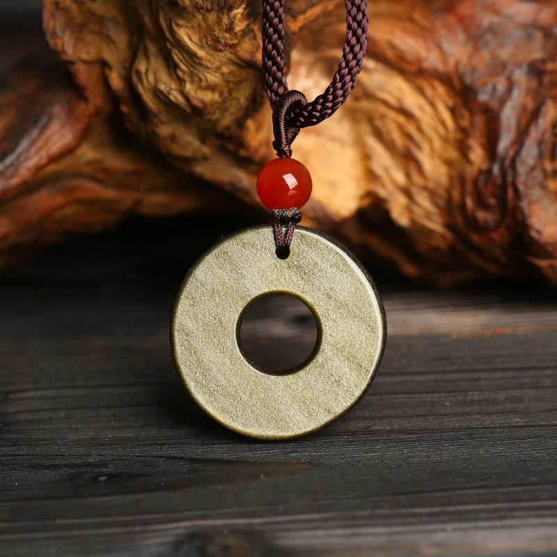 Spirituality Buddha Karma Gold Sheen Obsidian Peace Buckle Pixiu Copper Coin Wealth Necklace Pendant
