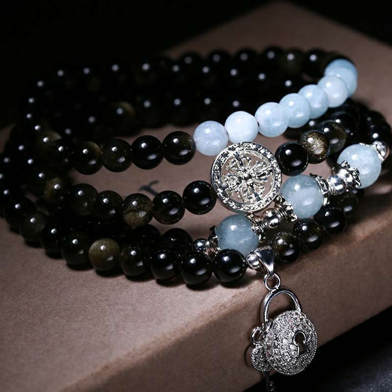 Spirituality Buddha Karma Natural Ice Obsidian Tiger Eye Gourd Bracelet Mala