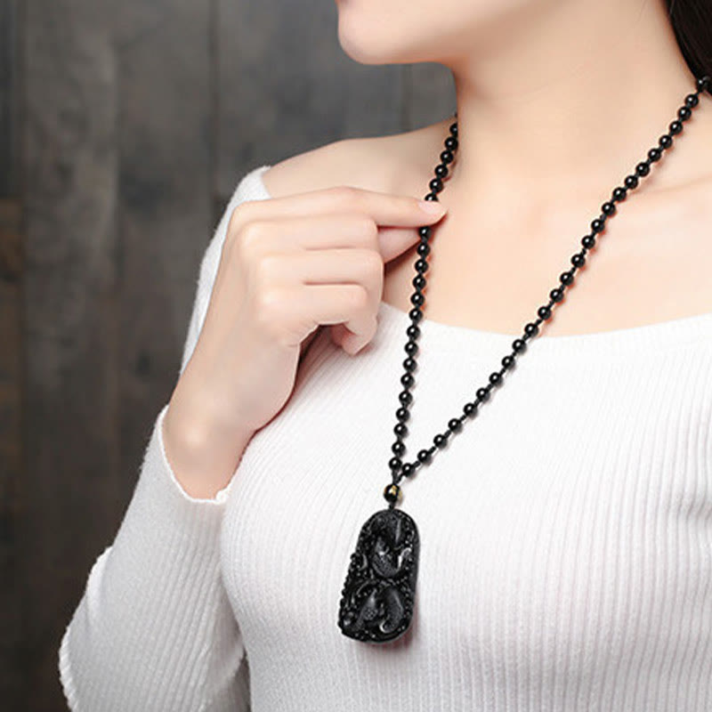 Spirituality Buddha Karma Black Obsidian Koi Fish Engraved Strength Beaded Necklace Pendant