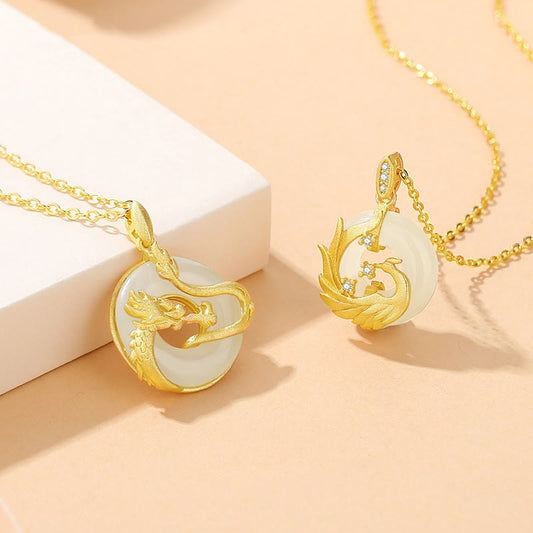 Jade  925 Sterling Silver Year of the Dragon Hetian Jade Golden Dragon Phoenix Peace Buckle Luck Necklace Pendant