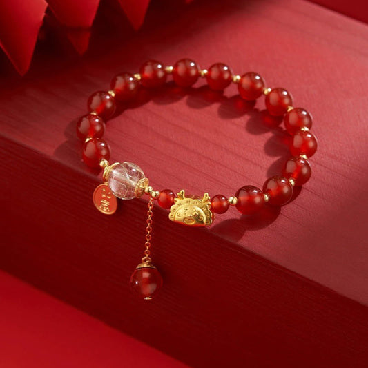 Jade Year of the Dragon Dumpling Natural Red Agate Garnet Hetian Jade Fu Character Luck Success Bracelet