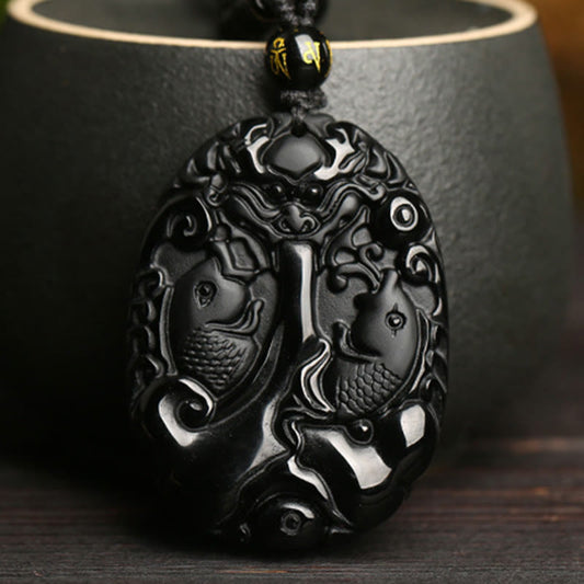 Spirituality Buddha Karma Black Obsidian Koi Fish Bead Rope Fulfilment Strength Necklace Pendant