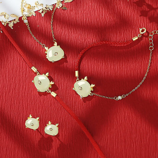 Jade 925 Sterling Silver Year of the Dragon Natural Hetian Jade Red Agate Cute Dragon Protection Success Bracelet Necklace Pendant Earrings