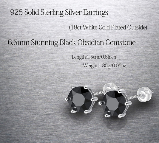 18ct White Gold Plated on Sterling Silver Black Obsidian,Earring Stud with Gift Box,Men Women