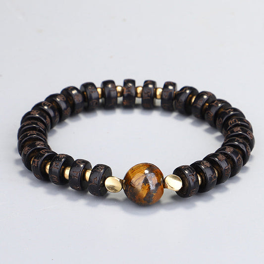 044 Coconut Shell Bracelet with Tiger Eye Stone Handcrafted Energy Bracelet for Stability and Protection