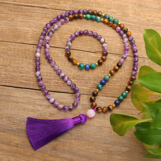 041 108 Mala Bead Chakra Energy Necklace Amethyst, Lapis Lazuli & Tiger Eye for Chakra Balancing and Spiritual Healing