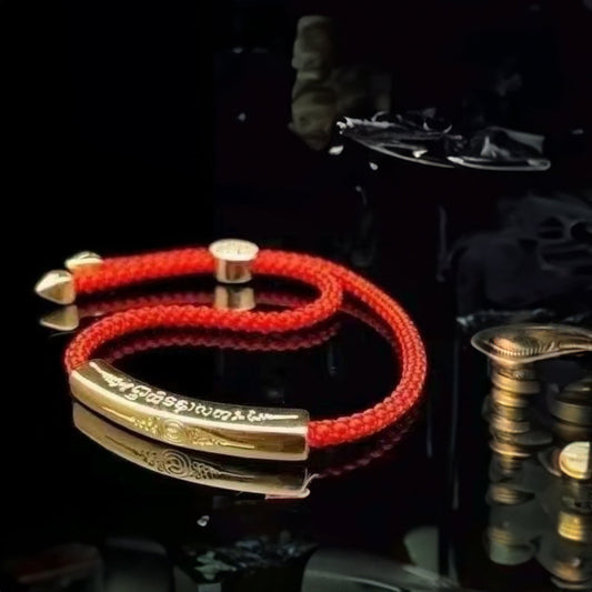 Adjustable Feng Shui Gold Plated Tibetan Mantra Bracelet with Red String Spiritual Protection and Style