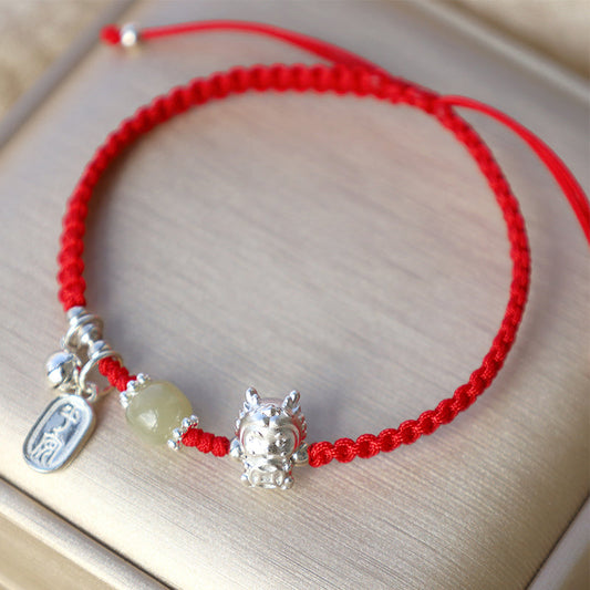 Jade Handmade Year Of The Dragon 999 Sterling Silver Hetian Jade Copper Coin Peace And Joy Protection Bracelet