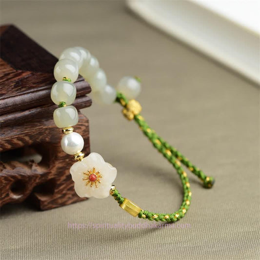 Jade 925 Sterling Silver Natural Hetian Jade Peach Blossom Luck Bracelet
