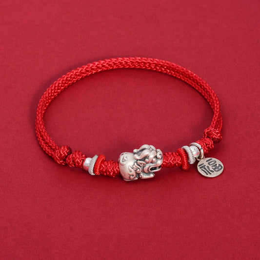 Ancient Tibetan Buddhist Red String Tradition 925 Sterling Silver PiXiu Fu Character Wealth Luck Handmade Braided Bracelet