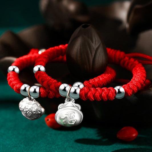 Ancient Tibetan Buddhist Red String Tradition 925 Sterling Silver Handmade Fu Character Lucky Money Bag Chinese Lock Charm Bell Lotus Copper Coin King Kong Knot Braided Kids Bracelet
