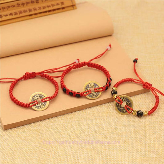 Ancient Tibetan Buddhist Red String Tradition Copper Coin Fortune Red String Weave Bracelet
