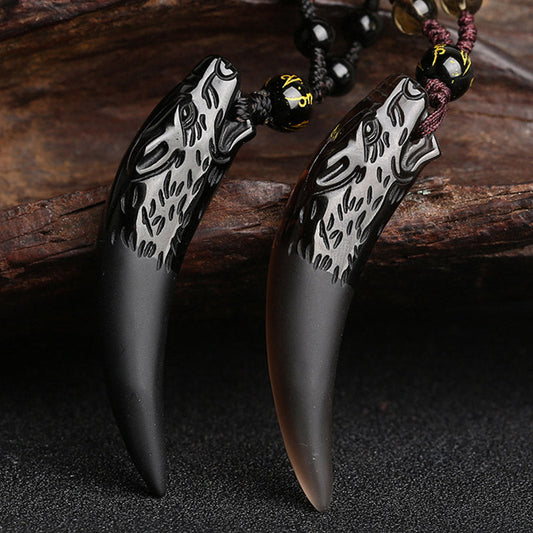 Spirituality Buddha Karma Natural Ice Obsidian Wolf Tooth Pattern Courage Necklace Pendant