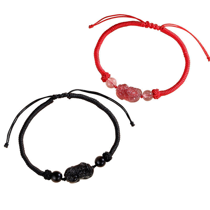 Spirituality Buddha Karma Handmade Natural Silver Sheen Obsidian Strawberry Quartz PiXiu Protection Braided Bracelet