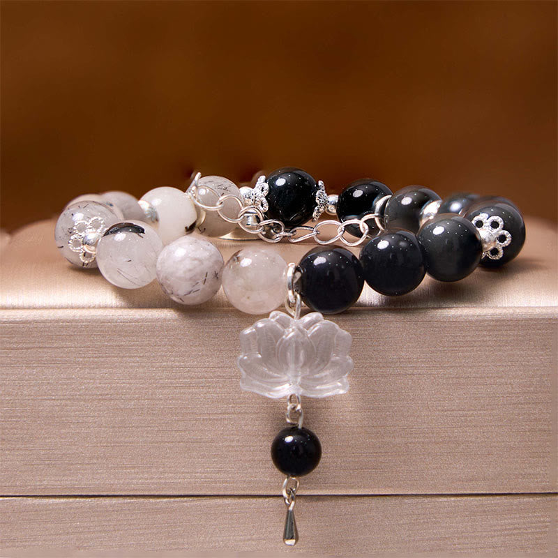 Spirituality Buddha Karma Silver Sheen Obsidian Crackle Clear Quartz Black Rutilated Quartz Yin Yang Lotus Protection Bracelet