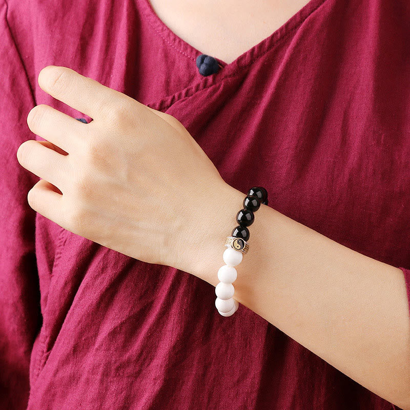 Spirituality Buddha Karma 925 Sterling Silver Black Obsidian White Shell Yin Yang Strength Bracelet