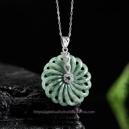Jade 925 Sterling Silver Natural Round Jade Peace Buckle Abundance Necklace Pendant