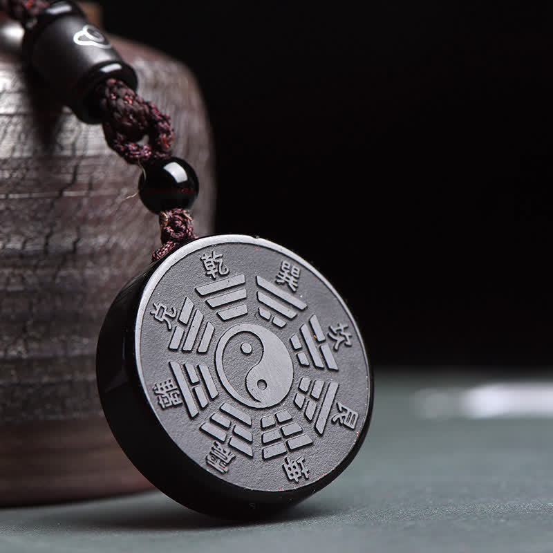 Spirituality Buddha Karma Black Obsidian Bagua Yin Yang Strength Necklace Pendant