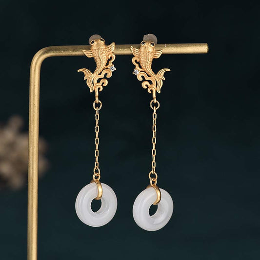 Jade FengShui Koi White Jade Fortune Earrings