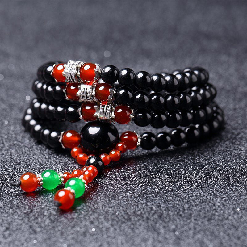 Spirituality Buddha Karma 108 Beads Natural Black Obsidian Tiger Eye Mala Bracelet