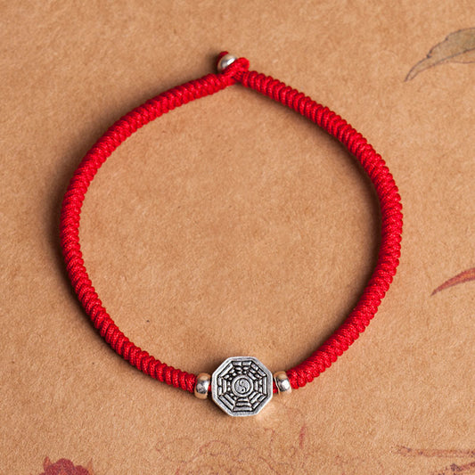 Ancient Tibetan Buddhist Red String Tradition 925 Sterling Silver Yin Yang Bagua Symbol Cinnabar String Concentration Bracelet