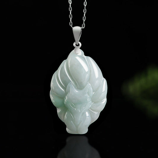 Jade 925 Sterling Silver Natural Jade Nine Tailed Fox Prosperity Necklace Pendant