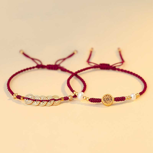 Ancient Tibetan Buddhist Red String Tradition Copper Coin Fortune Tree Luck Strength Braided Bracelet