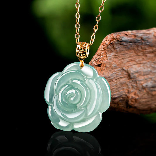 Jade 18K Gold 925 Sterling Silver Natural Jade Rose Luck Necklace Pendant