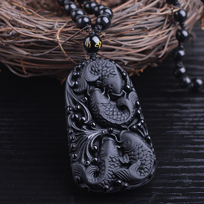 Spirituality Buddha Karma Black Obsidian Koi Fish Engraved Strength Beaded Necklace Pendant
