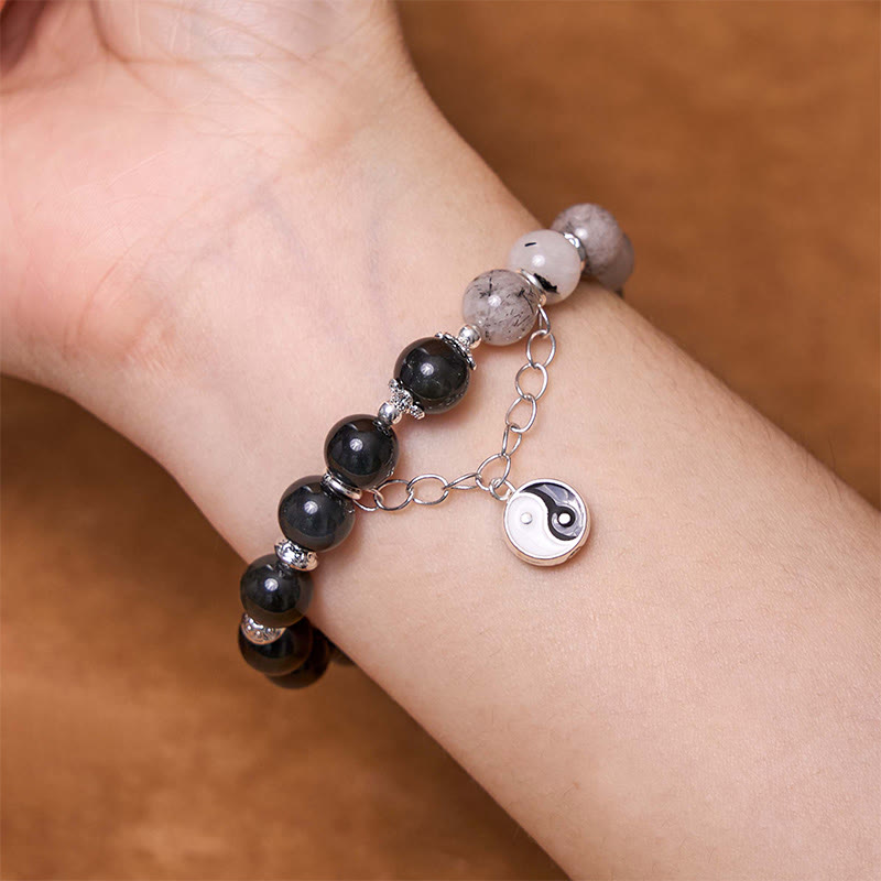 Spirituality Buddha Karma Silver Sheen Obsidian Crackle Clear Quartz Black Rutilated Quartz Yin Yang Lotus Protection Bracelet