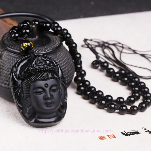 Buddha Energy Necklace Natural Black Obsidian Kwan Yin Avalokitesvara Strength String Necklace Pendant
